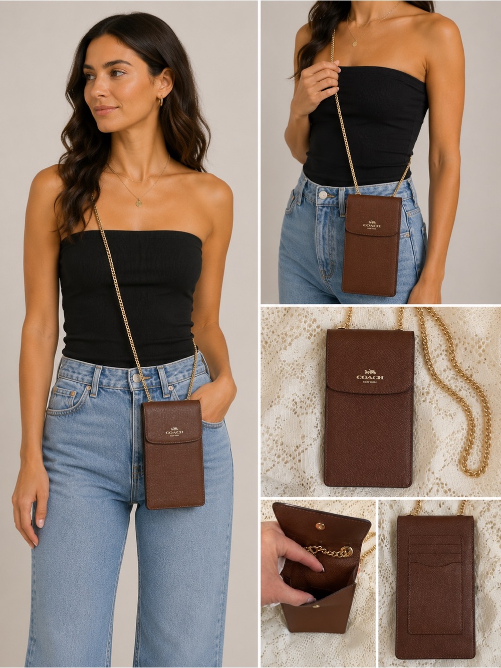 Coach Brown Leather Phone Crossbody Purse Fits iPhone 16 Pro Max Gold Chain